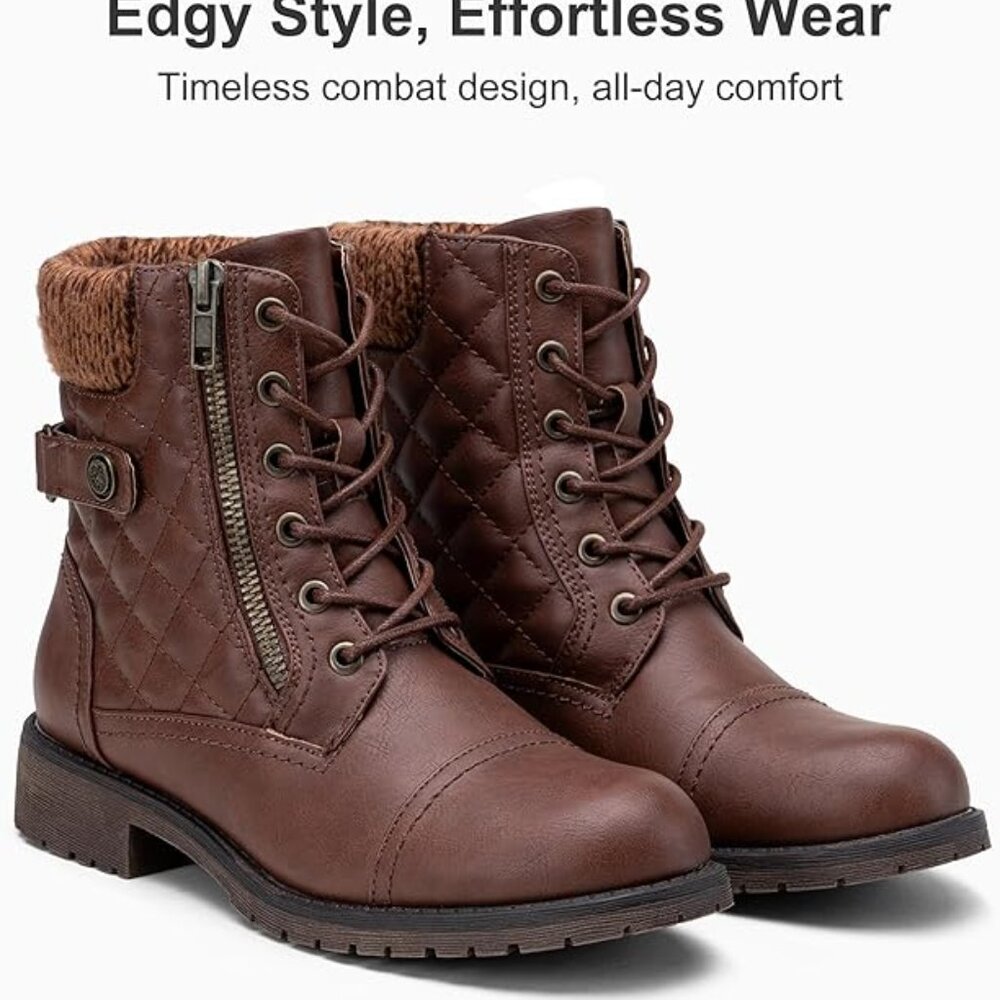 Women's Combat Ankle Boots Lace up Comfortable Short Booties Low Heel